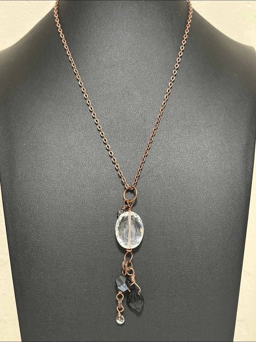 Artisan Hobo Style Copper Color Necklace With Crystal, Glass & Hematite Beads